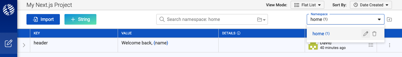Renaming the default namespace in i18nexus to home
